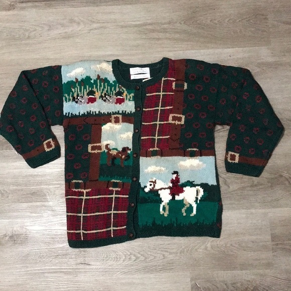 Portraits by Northern Isles Deadstock Vintage Sweater Ducks Dog Horse Plaid - Picture 5 of 6